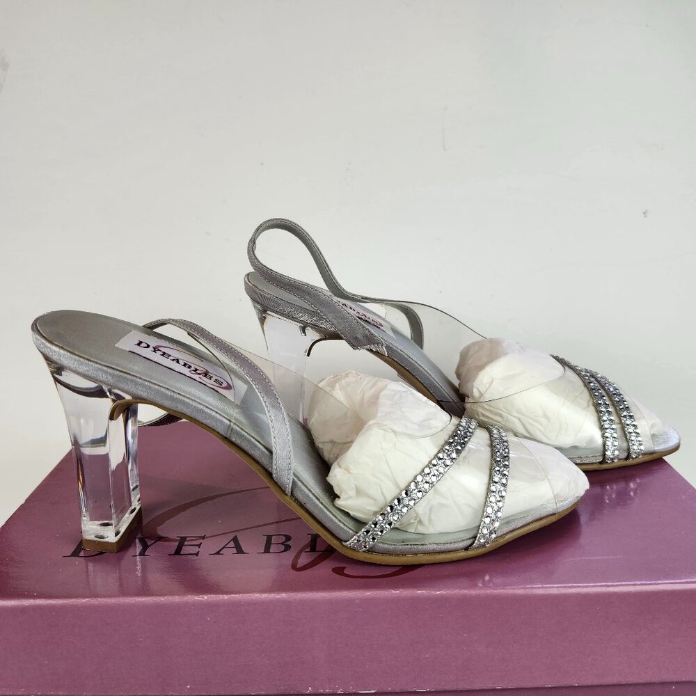 Dyeables Strappy Crystal-Clear Heeled Sandals/Shoes w/Rhinestones Sz 7.5B